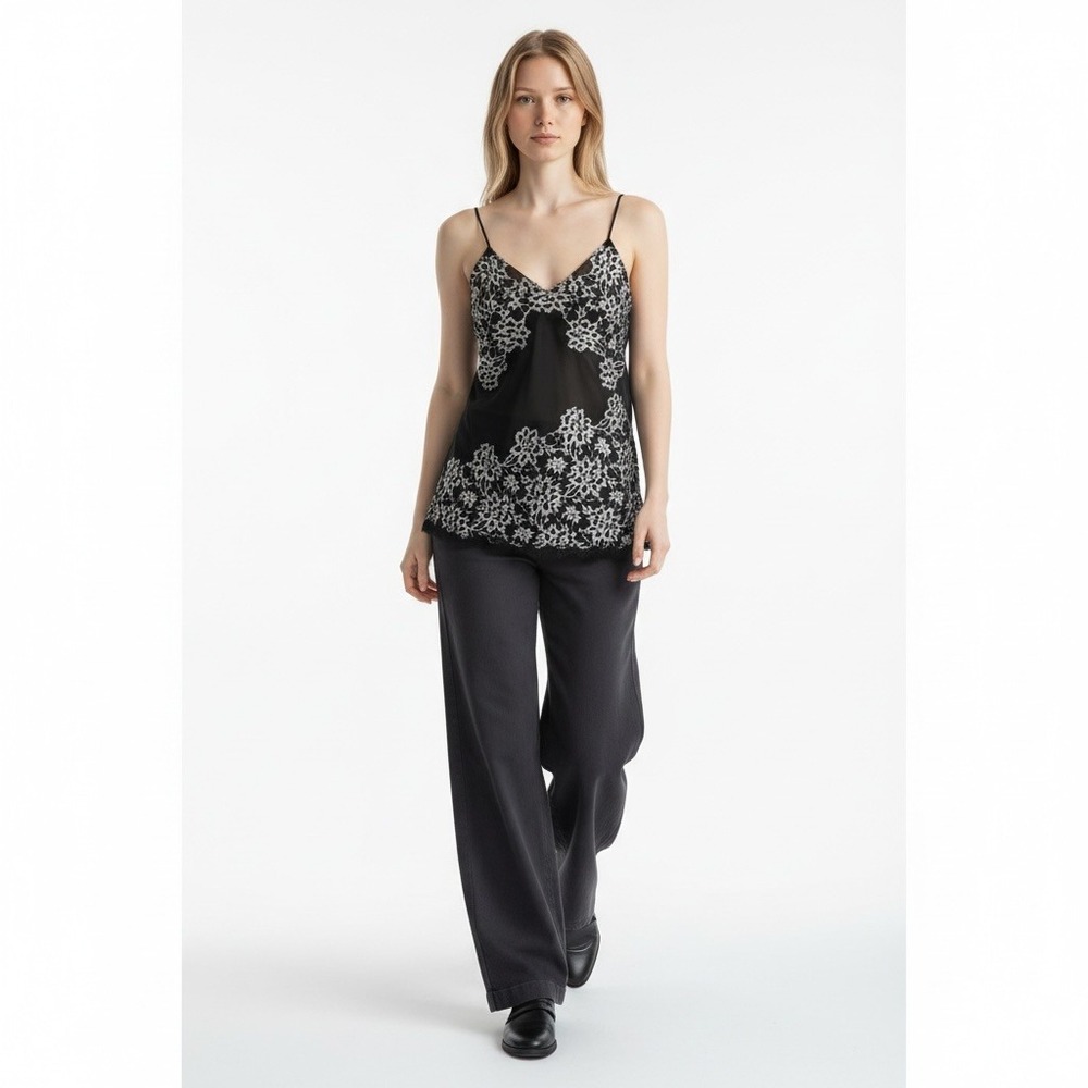 Black Satin Lace Tank Sheer Top V-Neck Intricate Floral Embroidery Y2K Blouse M